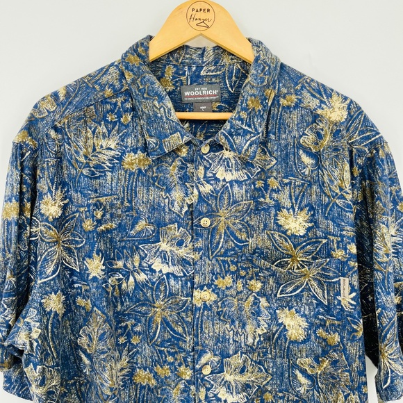 Woolrich Navy Woodblock Leaves Floral Short Sleeve Button Down, Men's Large, Dad - Picture 3 of 9